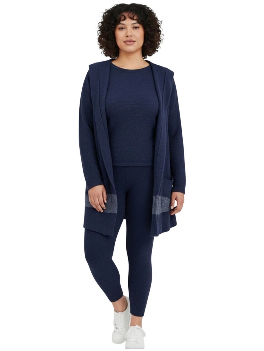 Barefoot Dreams CozyChic Lite Hooded Cardigan Navy Blue Grey Stripe 1X